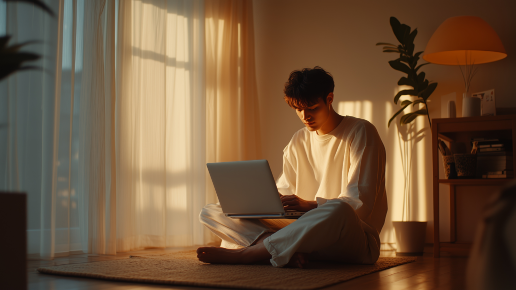 A man sitting on a carpet and working from a laptop.