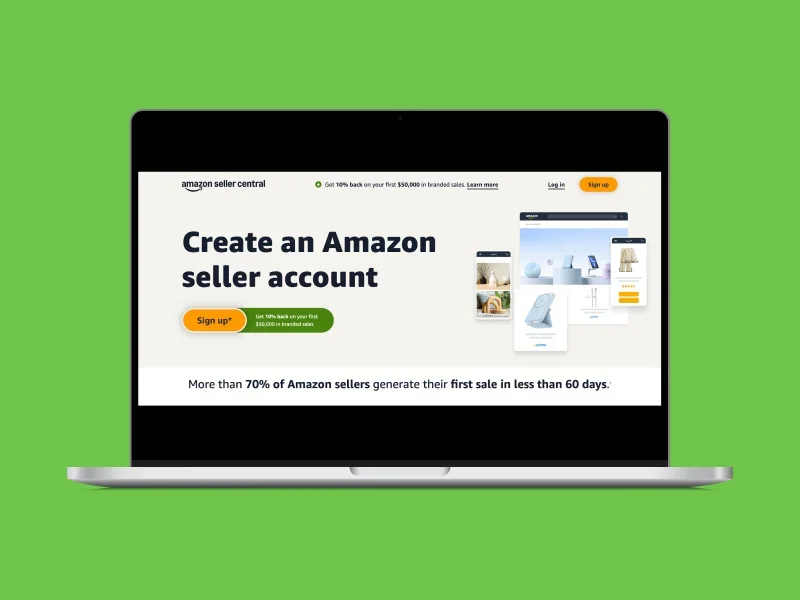 Amazon Seller Central homepage hero section screenshot.