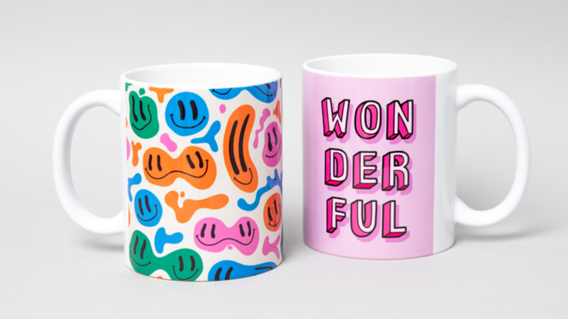 Mugs: Two coffee mugs display the word "wonderful" in a stylish font against a neutral background.