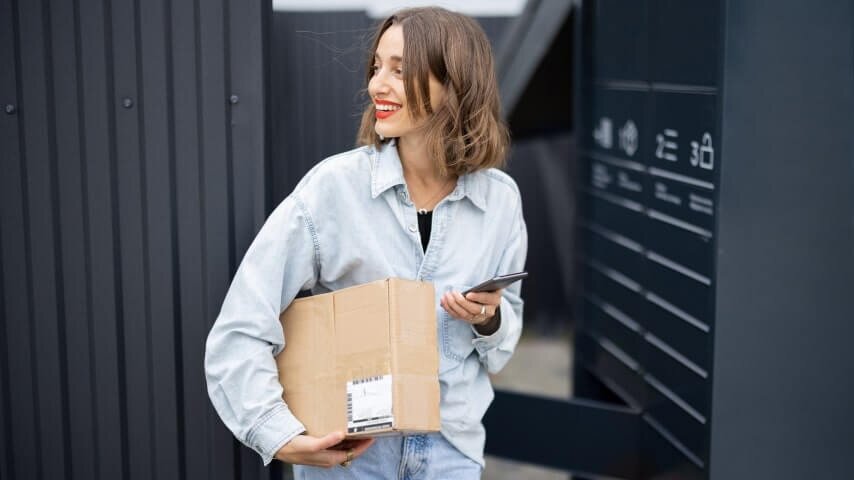 A smiling woman holding a cardboard package.