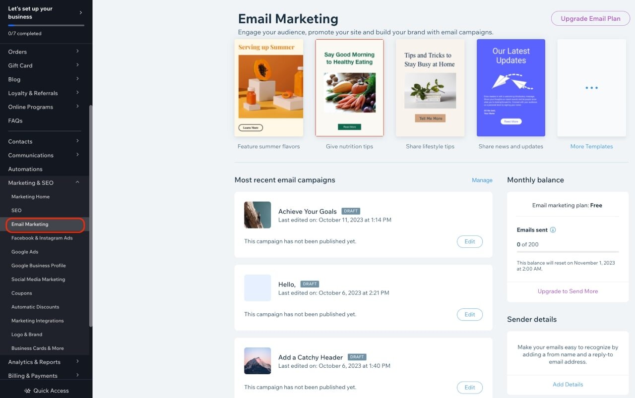 Wix Email Marketing Dashboard