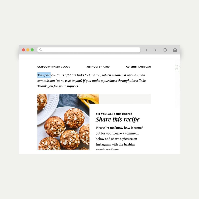 A screenshot mockup showing Cookie and Kate’s blog and their affiliate disclaimer.