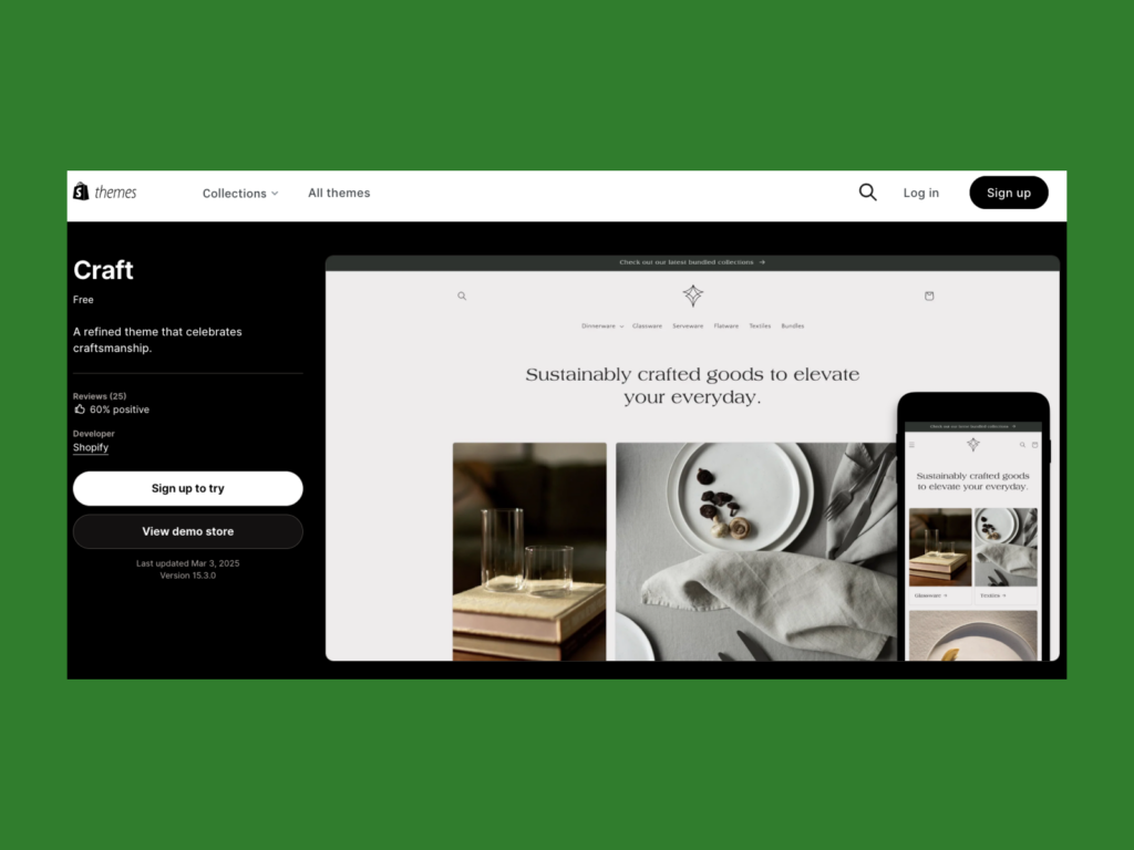 A screenshot of the Craft theme landing page.