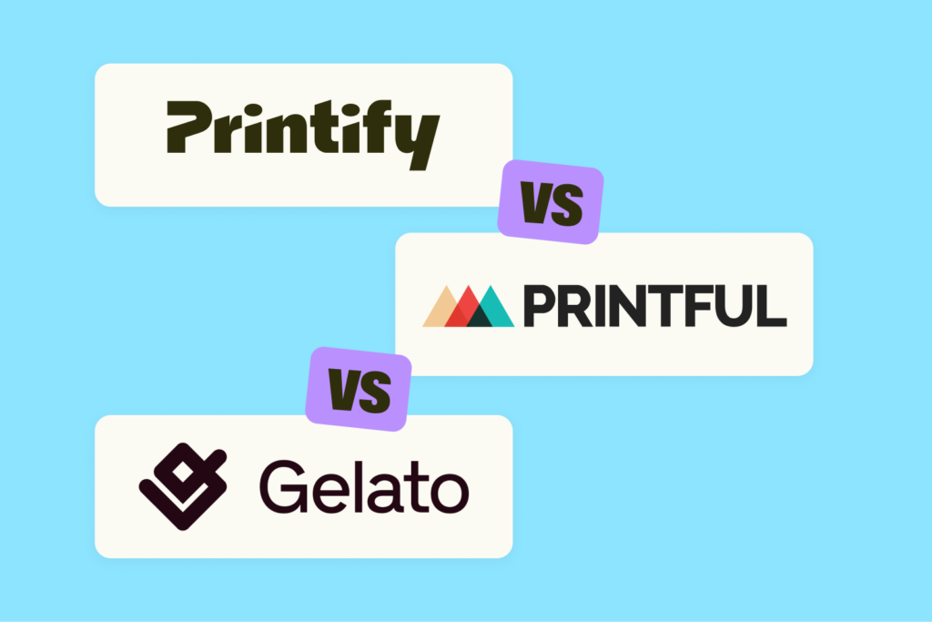 A mockup of Printify’s, Printful’s, and Gelato’s logos.