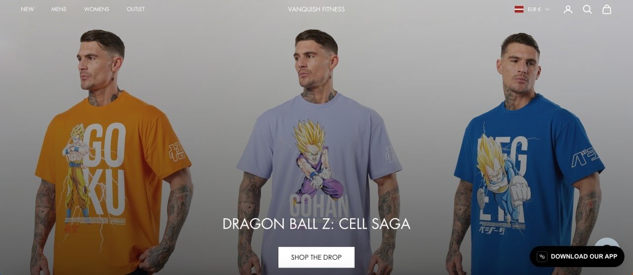 The homepage of the Vanquish Fitness Shopify store