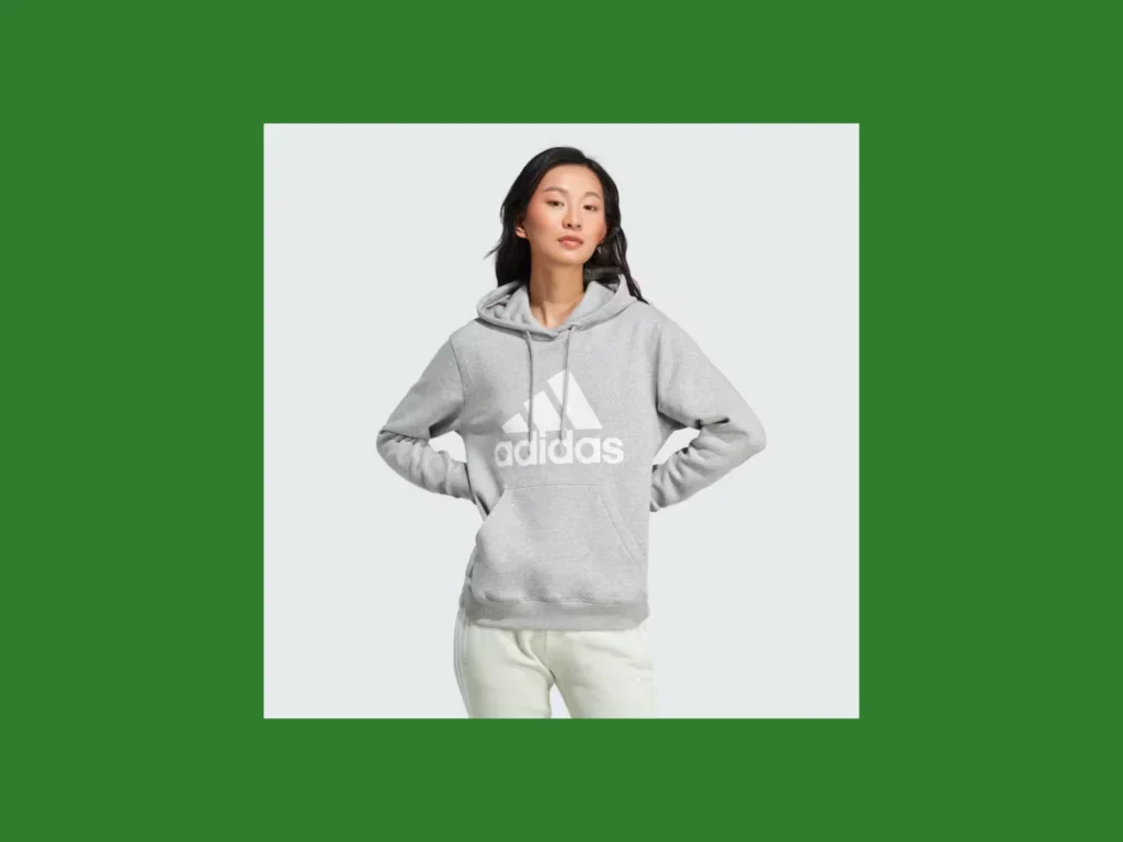 A screenshot mockup of an Adidas hoodie with a center chest logo placement.