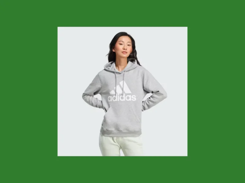 A screenshot mockup of an Adidas hoodie with a center chest logo placement.