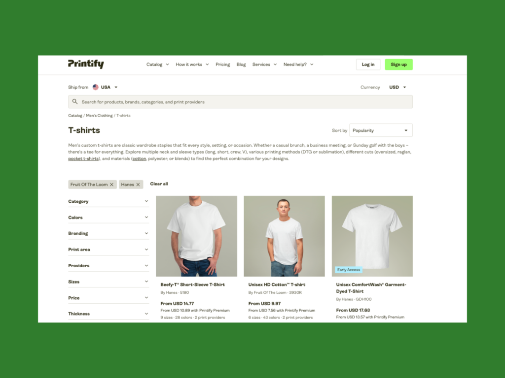 Hanes and Fruit of the Loom products in Printify's Catalog.