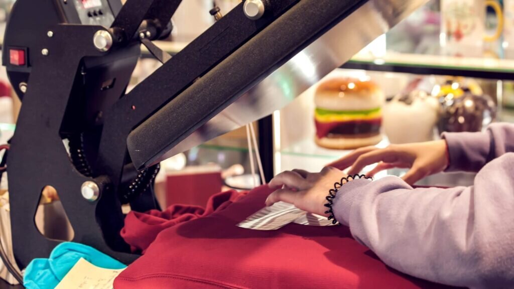A woman operates a heat press machine to create a custom hoodie.