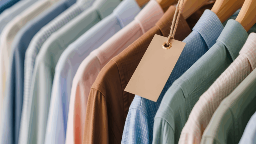 A set of shirts hanging on a clothing rack.