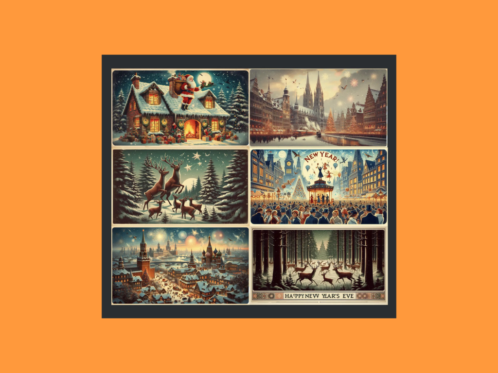 A set of Christmas-themed greeting cards.