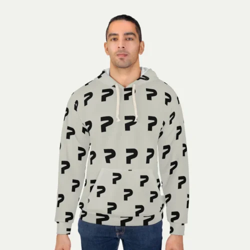 A mockup of a seam-to-seam hoodie from the Printify catalog showing possible logo placement.
