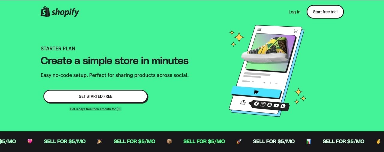 Hero section screenshot of the Shopify Start plan landing page.