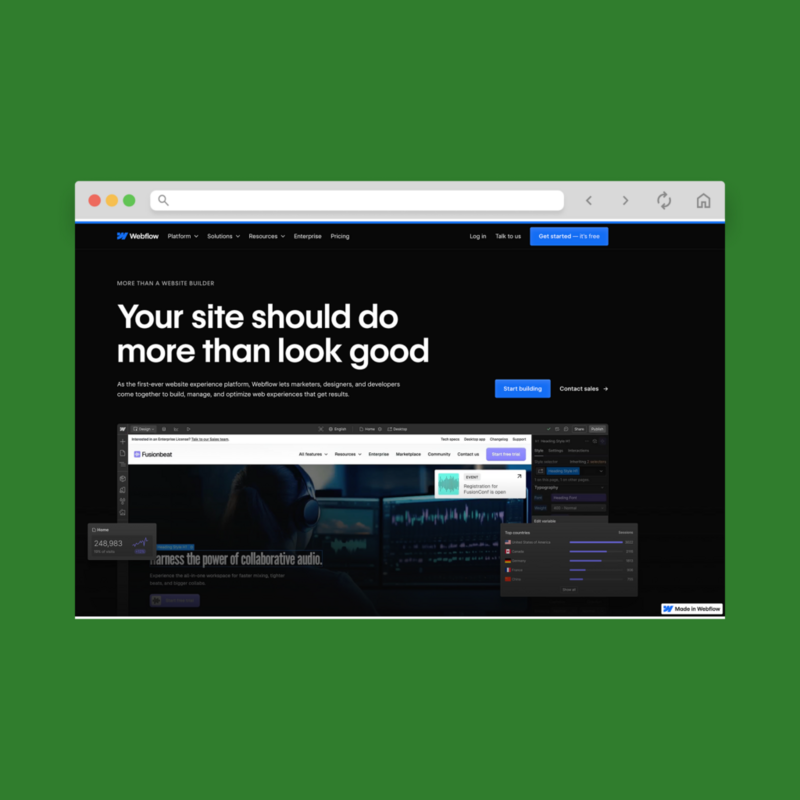A screenshot mockup of Webflow’s homepage hero section.