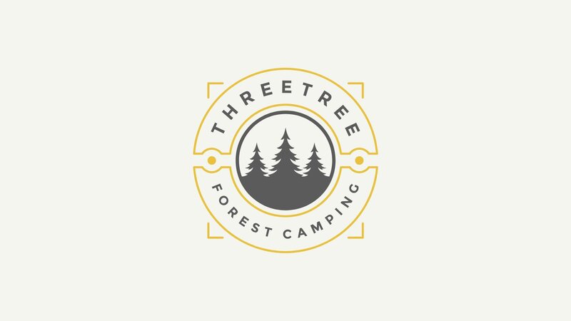 Logo for "ThreeTree Forest Camping" featuring stylized trees inside a circular design.