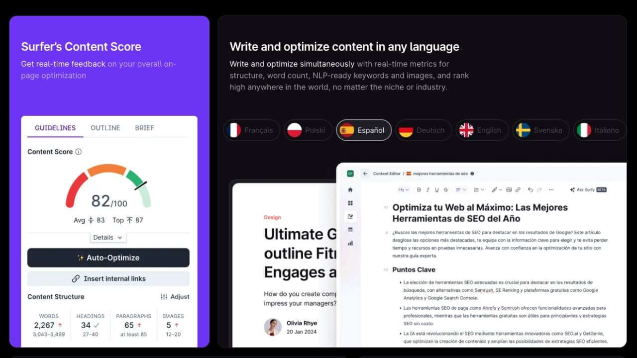 Surfer homepage promoting its AI content optimization features.