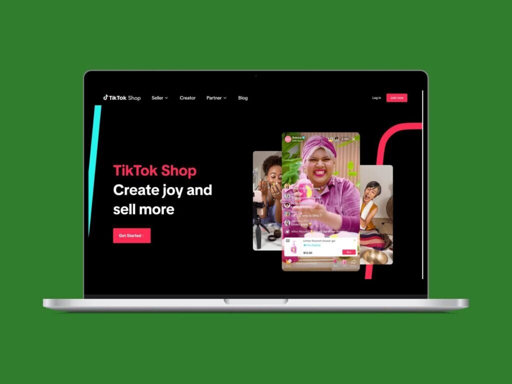 A screenshot of the TikTok Shop homepage hero section on a laptop screen with a green background.