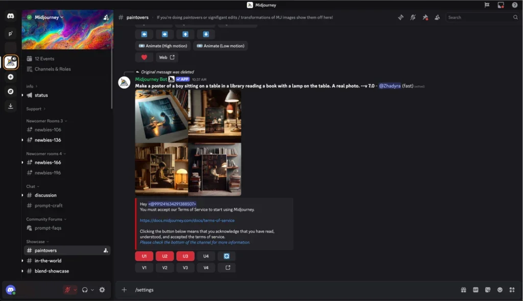 A screenshot showing how to adjust Midjourney settings.