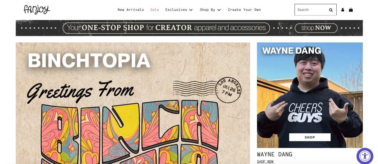 The homepage of the Fanjoy Shopify store