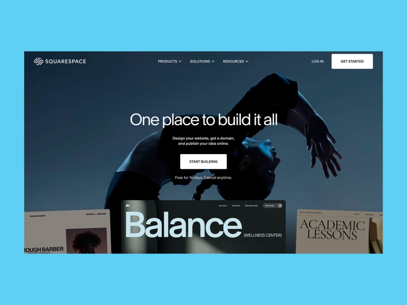 Squarespace homepage hero section screenshot mockup.