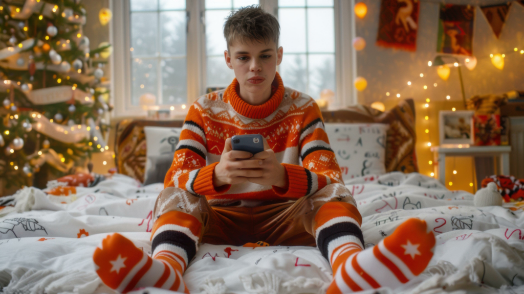 A person wearing an orange sweater and orange socks sits on a bed, focused on his cell phone, exploring ways how to sell socks online.