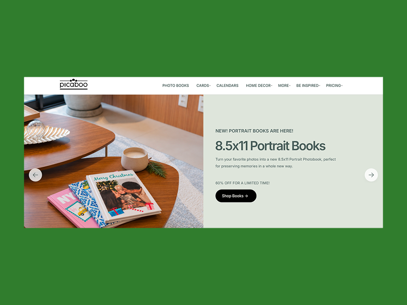 Picaboo homepage featuring new 8.5x11 portrait photo books.