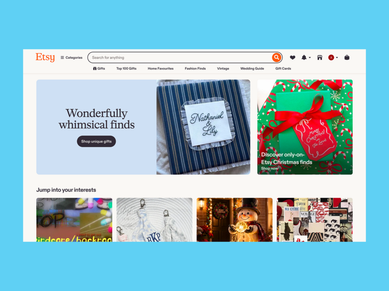 Etsy homepage hero section screenshot mockup.