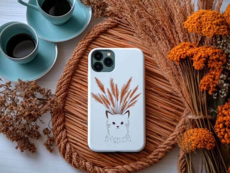 A phone with a cute cartoon print phone case.