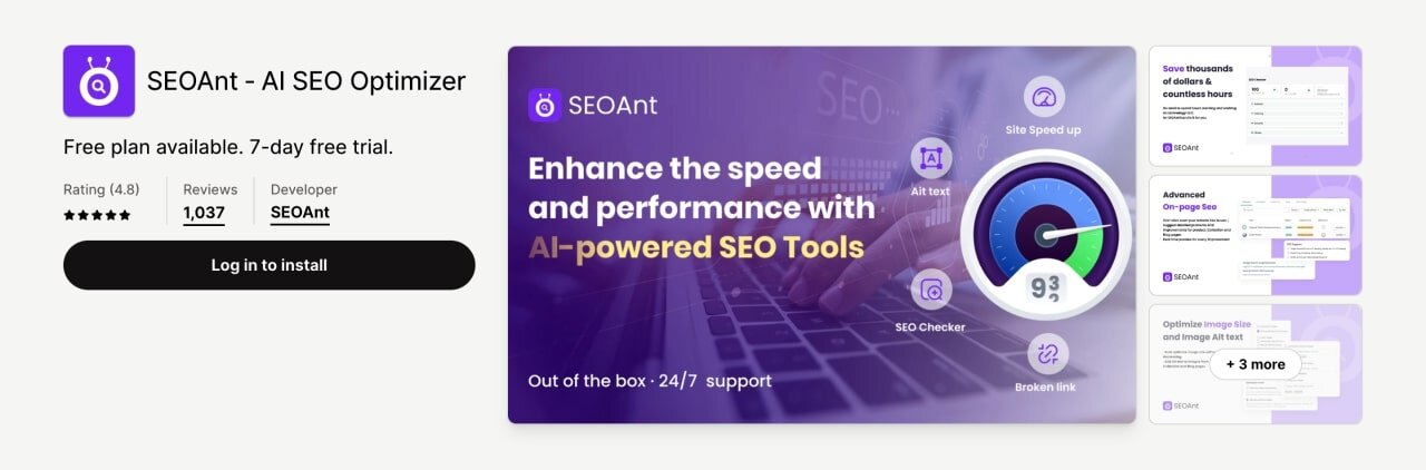 SEOAnt AI SEO Optimizer Shopify SEO app screenshot from the Shopify app store.