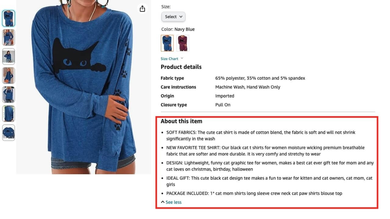 Amazon product description with bullet points containing product information and its unique benefits.