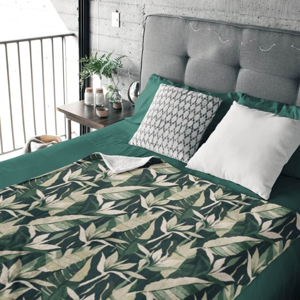 A set of custom green pillowcases and duvet covers.