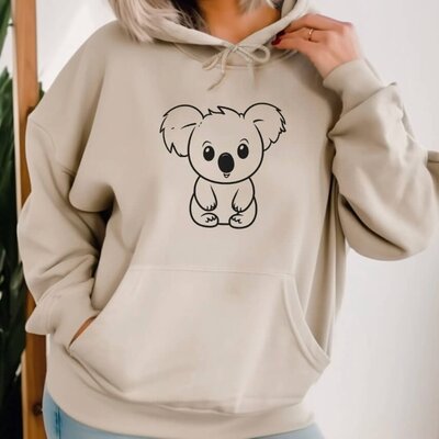 A sand-colored hoodie with a cute koala design.