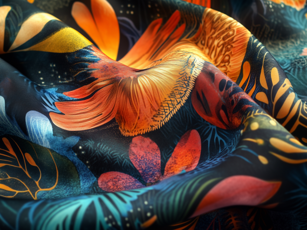 A vibrant close-up of a floral print fabric showcasing bright colors and intricate designs, created using sublimation printing.
