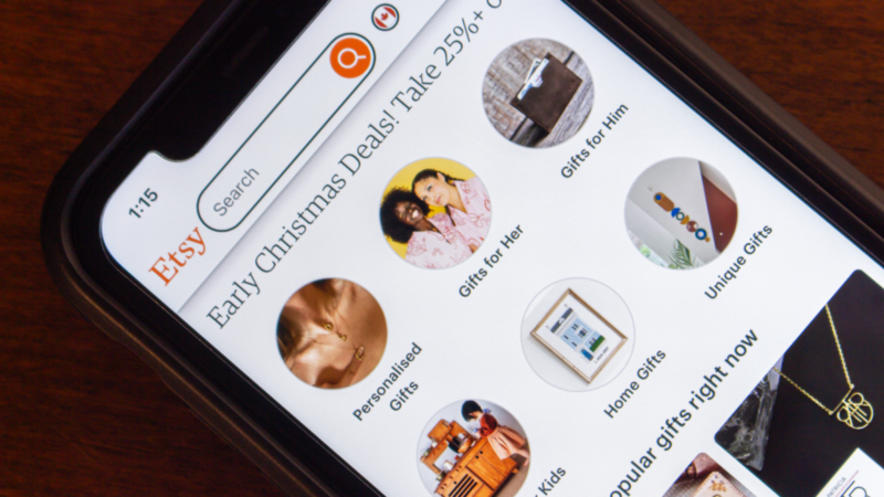 A close up of Etsy’s app open on a mobile phone screen.