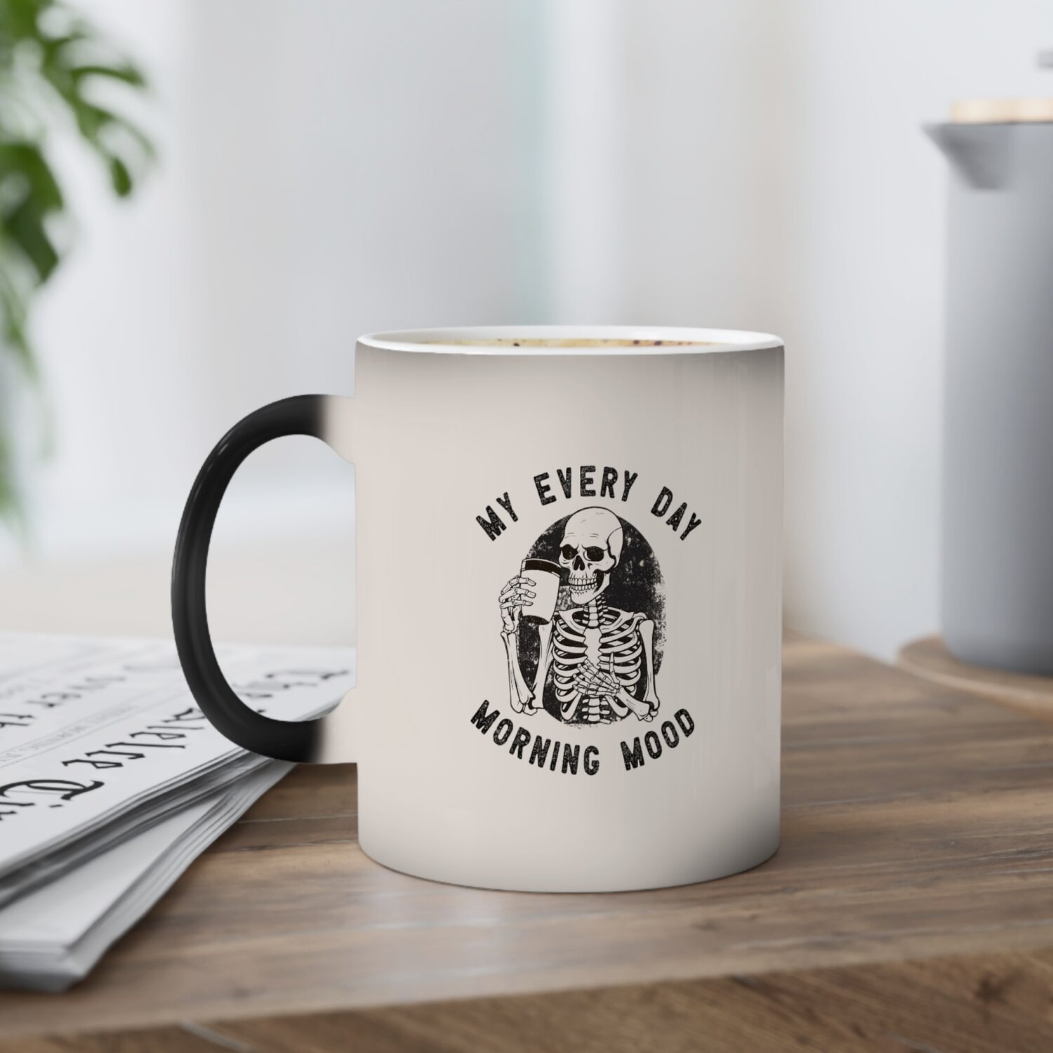 Custom color changing mug with a skeleton illustration.