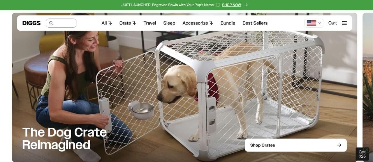 The homepage of the Diggs Shopify store