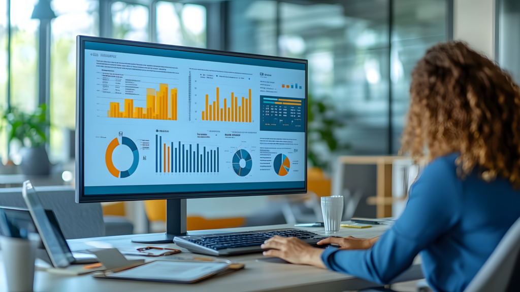 A woman sitting in front of a large monitor, analyzing information.