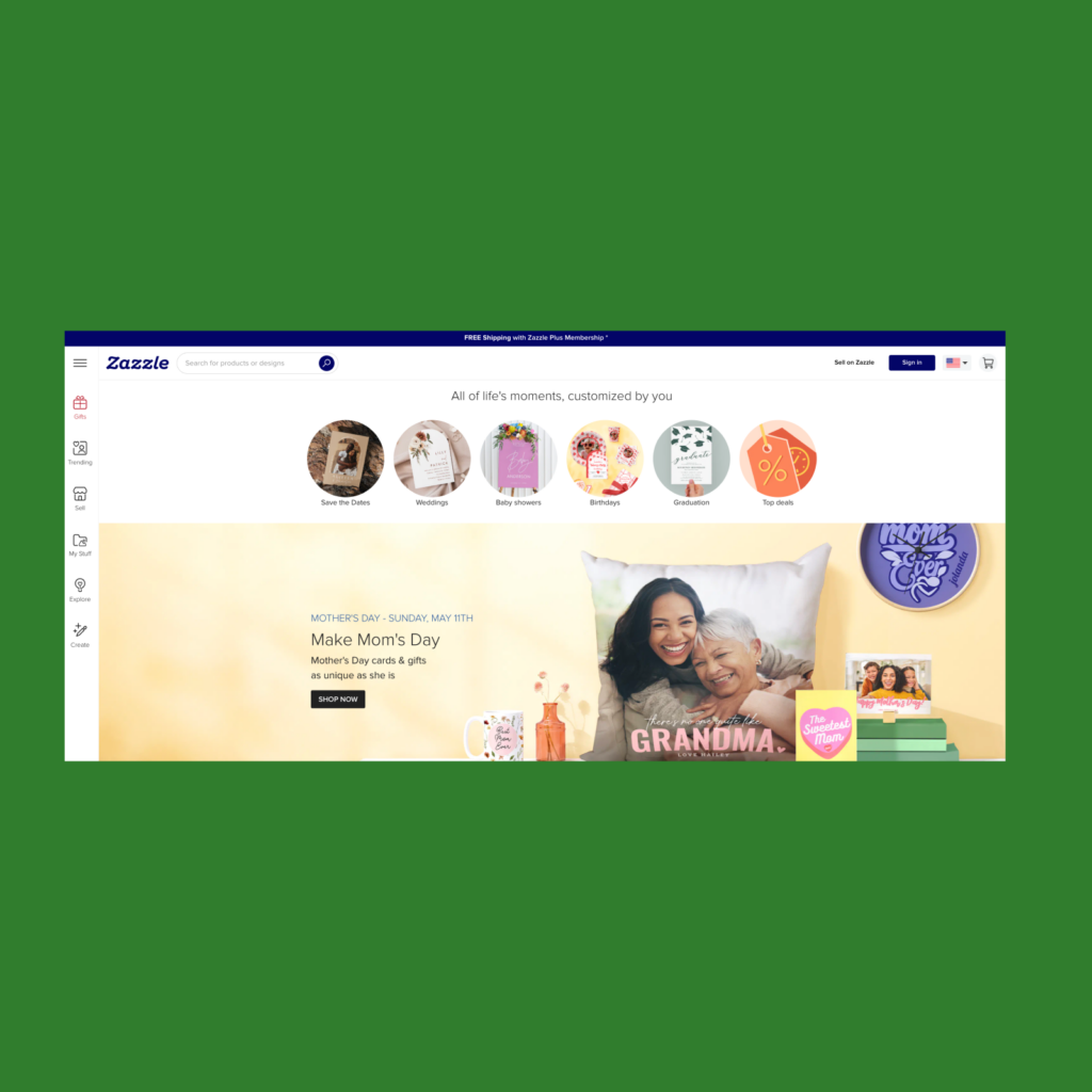 The screenshot of the Zazzle landing page.