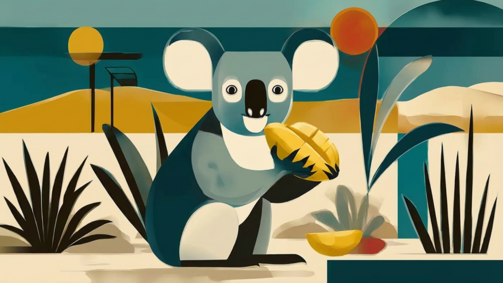 A cartoon koala joyfully holds a mango while standing in front of a sunny beach scene.