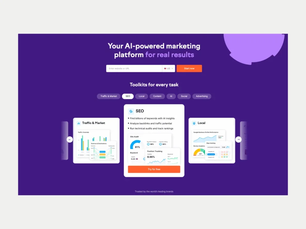 A screenshot of the Semrush landing page.