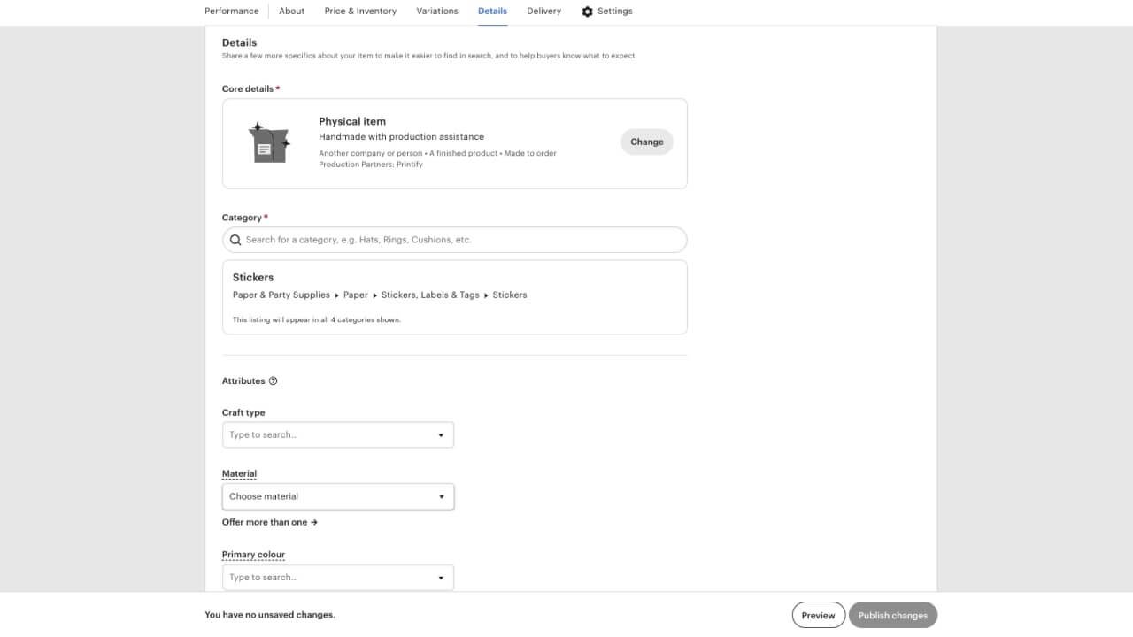 Etsy's product listing editing page's section for filling in product details.