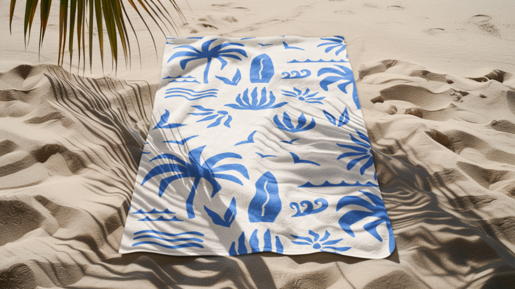 A white beach towel with a custom beach-themed print in blue.