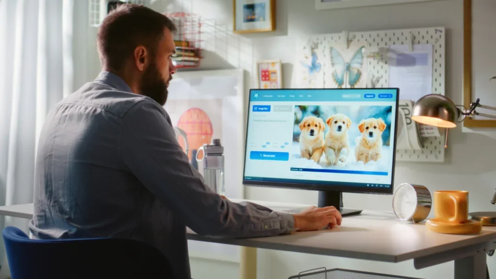 A man seated at a desk, focused on a computer screen displaying an image of a dog.