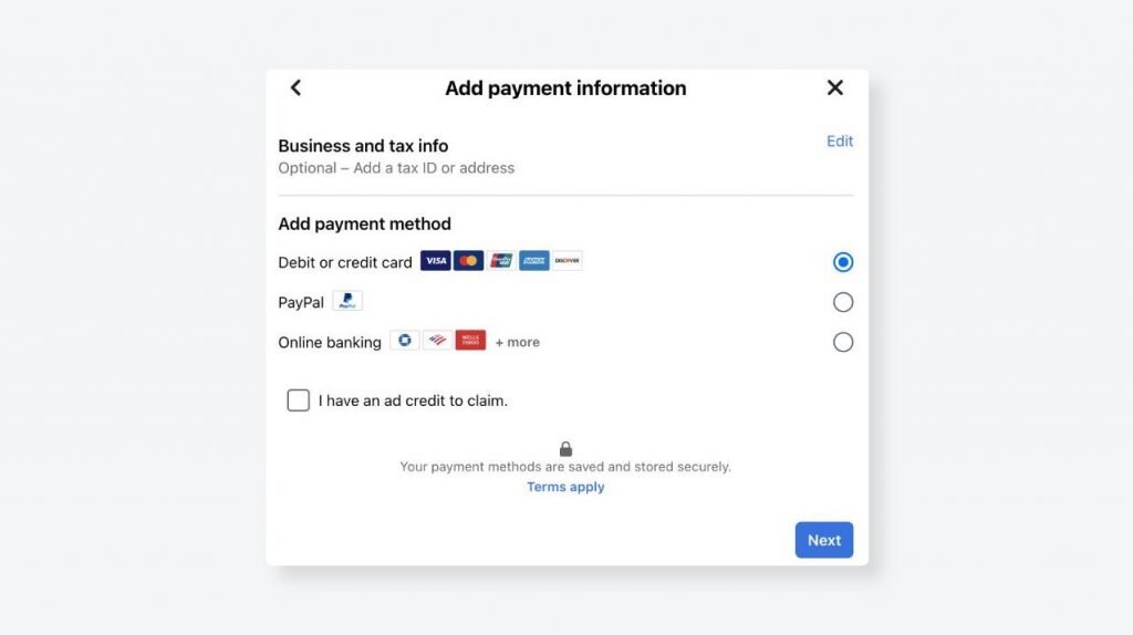 Facebook Business Account - Add payment information