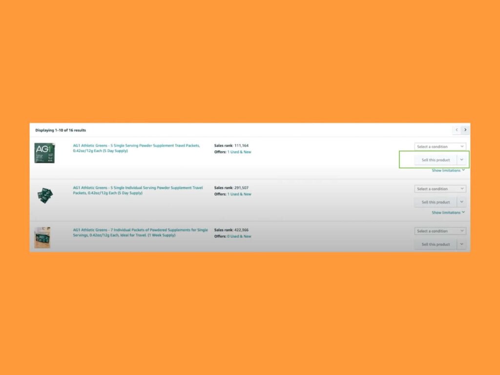 "Sell this product" button highlighted on the right side of the product list.
