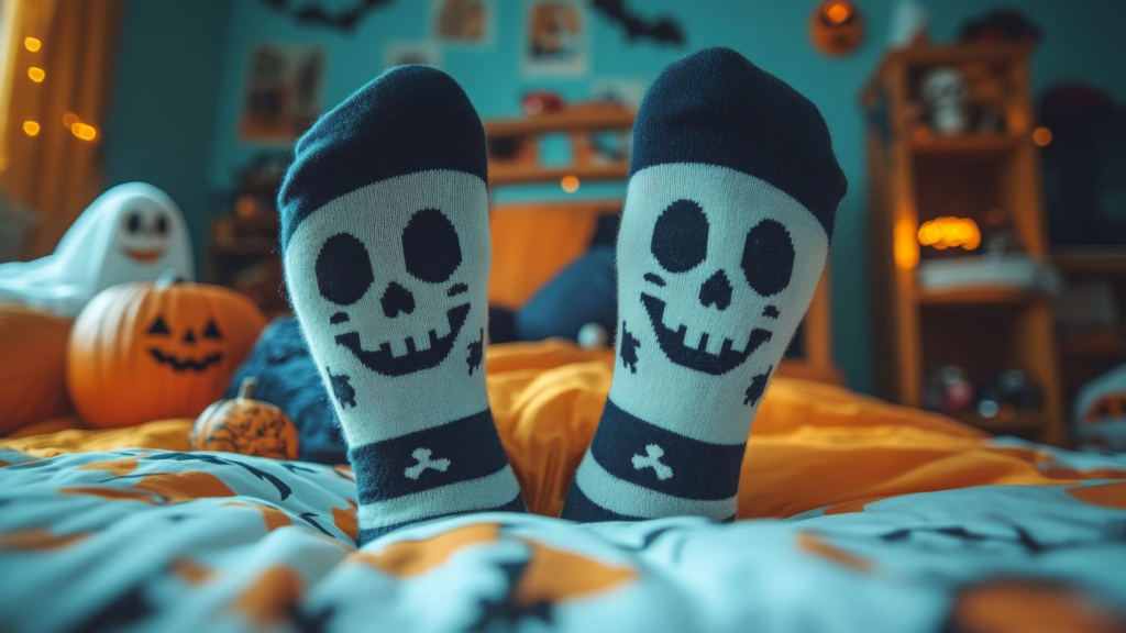 A person sits on a bed, showcasing colorful Halloween socks adorned with festive designs.