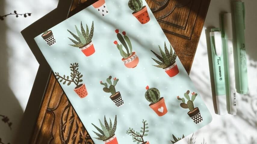 A light blue notebook with a pattern of stylized cacti.