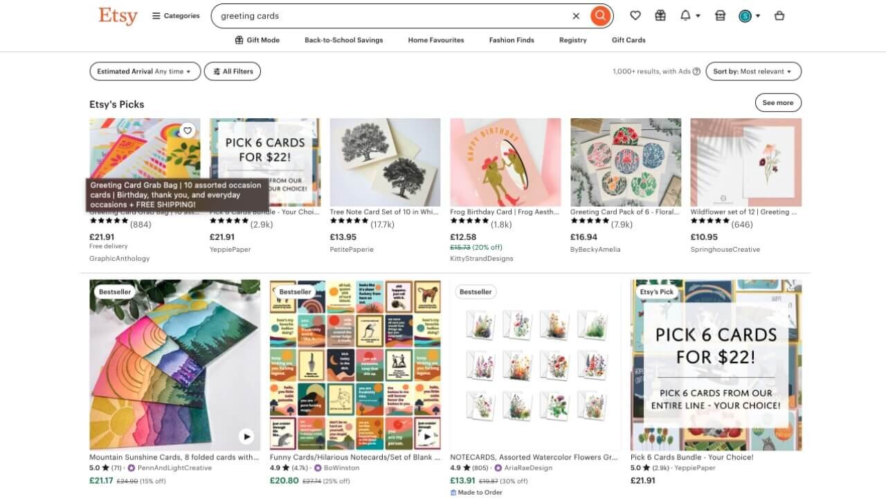 Etsy's search results for the query “greeting cards.”