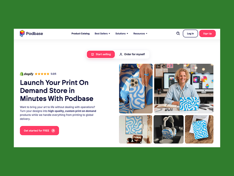 Podbase homepage with custom phone cases and accessories in a wave print.