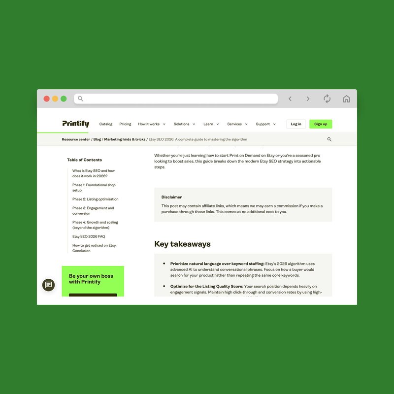 A screenshot mockup showing Printify’s blog and their affiliate disclosure.